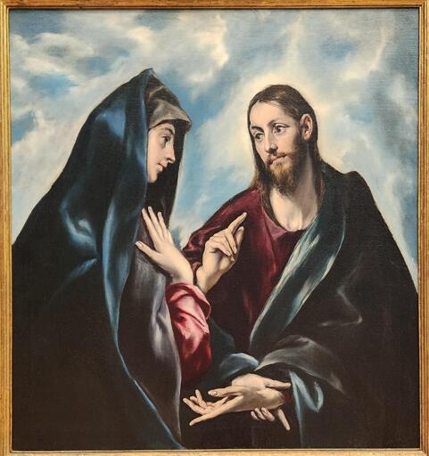 "Jesus -a thin bearded man with straight hair- on right in red and green/black robes gesturing to his mother, left, in similar garb, who is holding his left hand in hers. background is a bright cloudy sky."