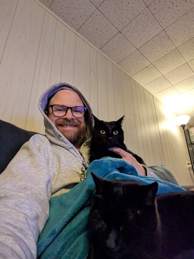 Two black cats with a hooded wizard.