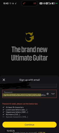 Ultimate guitar mobile app not allowing me to register because my password doesn't have special characters