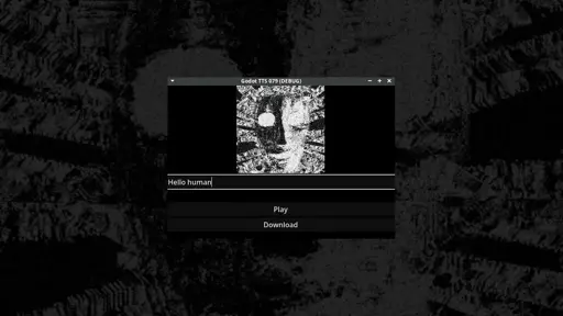 "Hello human" is written in an imput field, alongside the Play an Downloa buttons. The app also features the avatar of SCP079, a black and white mask with distorted, but smiling features.